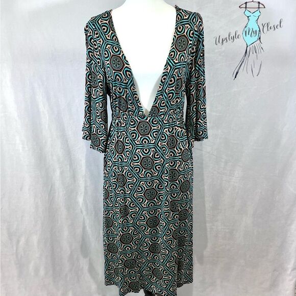 Ivy Jane deep vback aqua and mocha geometric print midi dress size medium - Picture 2 of 4